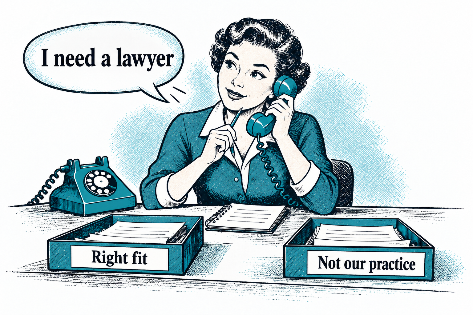 Vintage illustration of a receptionist sorting legal inquiries into right fit and not our practice trays.