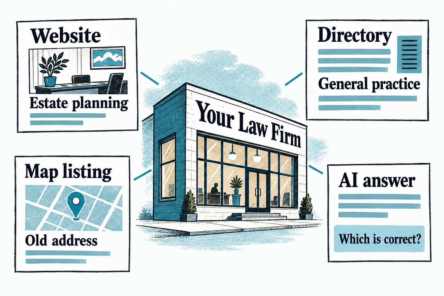 Vintage illustration of conflicting information about a law firm across its website, directory, map listing and an AI answer.