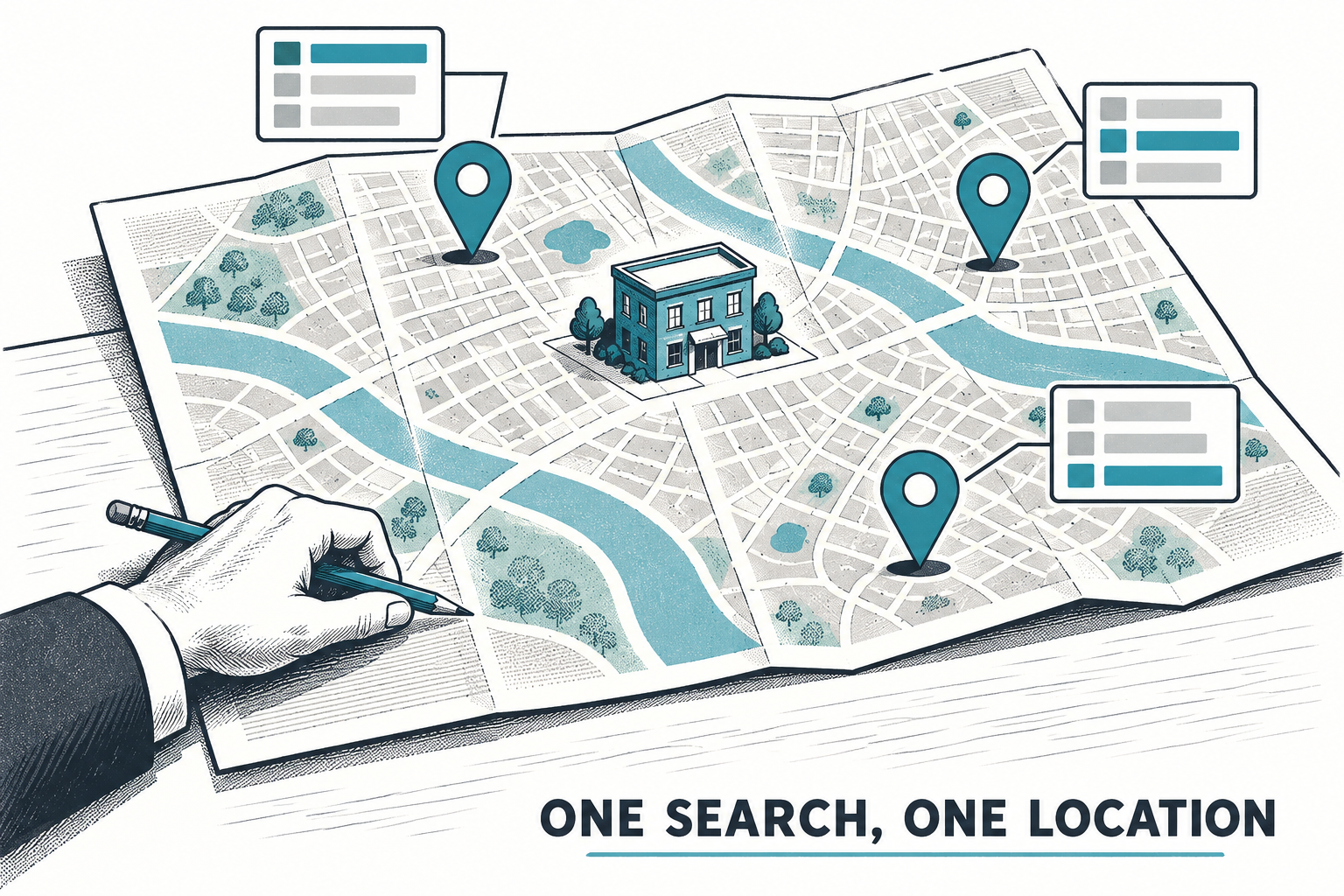 Conceptual city map showing a law office and different local search results at three locations.