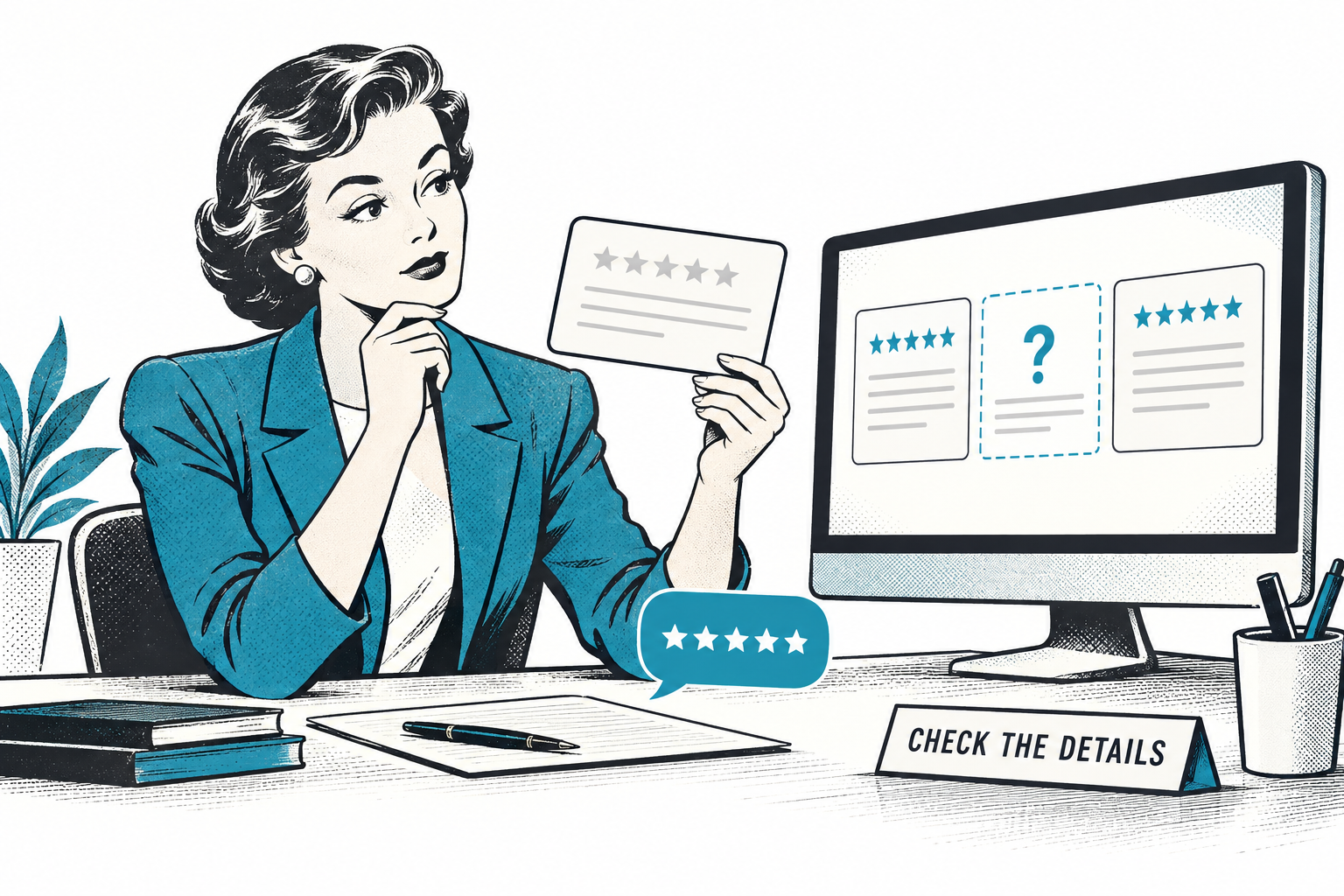 Vintage illustration of a lawyer checking a missing review on a computer display.
